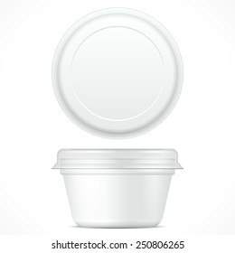 White Short Food Plastic Tub Bucket Container For Dessert, Yogurt, Ice Cream, Sour Cream Or Snack. Mock Up Template Ready For Your Design. Product Packing Vector EPS10