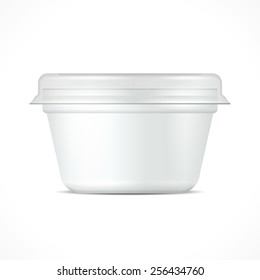 White Short Food Plastic Tub Bucket Container For Dessert, Yogurt, Ice Cream, Sour Cream Or Snack. Mock Up Template Ready For Your Design. Product Packing Vector EPS10