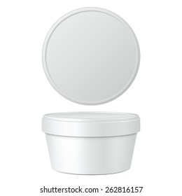 White Short Food Plastic Tub Bucket Container For Dessert, Yogurt, Ice Cream, Sour Cream Or Snack. Mock Up Template Ready For Your Design. Product Packing Vector EPS10