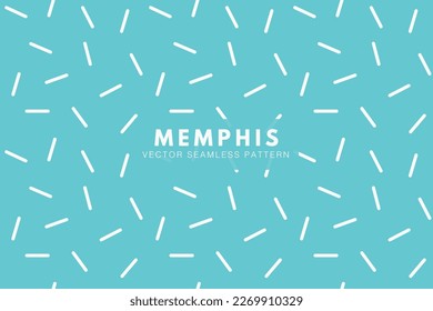 White short lines geometric cute shapes on a light blue background. Memphis pattern. Seamless vector repeat pattern