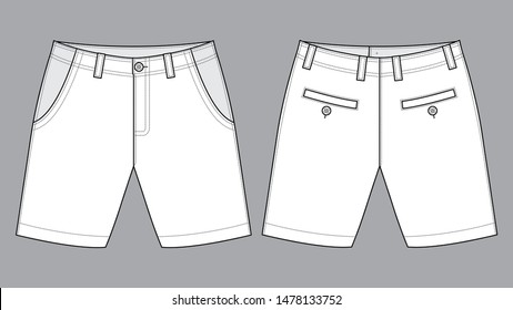 White Short Pants Template on Gray Background. Front and Back Views, Vector File.