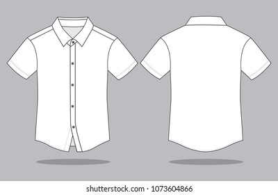 White Short Sleeve Dress Uniform Shirt Template on Gray Background. Front and Back Views, Vector File.