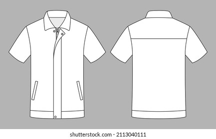 White Short Sleeve Factory Uniform Shirt With Hidden Zipper Template On Gray Background.Front And Back View, Vector File.