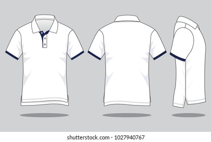 White short sleeve polo shirt with navy in placket and jumper, short in front, long in back hem design on gray background.Front, back and side view.