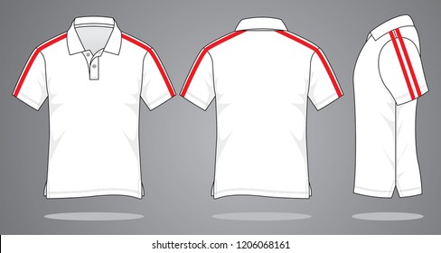 White Short Sleeve Polo Shirt With Double Red Lines Design on Gray Background.Front, Back and Side View.