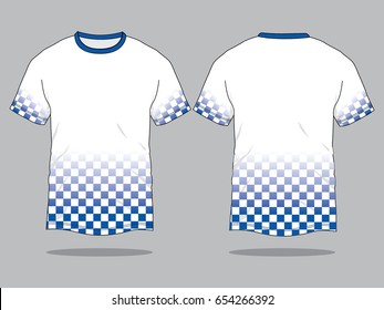 White Short Sleeve T-shirt With Blue Checkered Pattern Design On Gray Background.Front And Back View.