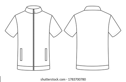 White Short Sleeve Uniform Shirt Stand Up Collar With Zip Vector For Template.Front And Back Views.