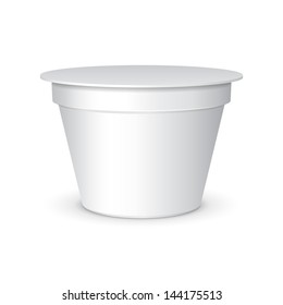 White Short And Stout Tub Food Plastic Container For Dessert, Yogurt, Ice Cream, Sour Sream Or Snack. Ready For Your Design. Product Packing Vector EPS10