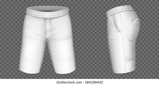 White Shorts For Men Vector Mockup, Male Pants With Pockets And Rubber Band Template Front, Side View. Realistic 3d Blank Apparel Design, Sportswear, Casual Clothing Isolated On Transparent Background