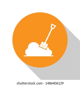 White Shovel in the ground icon isolated on white background. Gardening tool. Tool for horticulture, agriculture, farming. Orange circle button. Vector Illustration