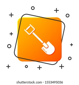 White Shovel icon isolated on white background. Gardening tool. Tool for horticulture, agriculture, farming. Orange square button. Vector Illustration