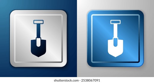 White Shovel icon isolated on blue and grey background. Gardening tool. Tool for horticulture, agriculture, farming. Silver and blue square button. Vector