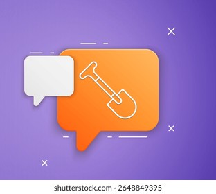 White Shovel icon isolated on purple background. Gardening tool. Tool for horticulture, agriculture, farming. Orange speech bubble symbol. Vector