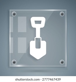 White Shovel icon isolated on grey background. Gardening tool. Tool for horticulture, agriculture, farming. Square glass panels. Vector