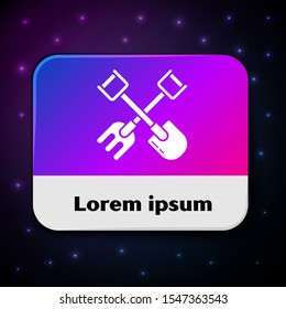 White Shovel and rake icon isolated on black background. Tool for horticulture, agriculture, gardening, farming. Ground cultivator. Rectangle color button. Vector Illustration