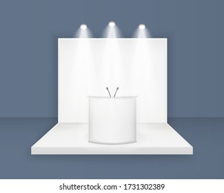 White show booth, 3d blank stand presentation, promotion  Exhibition stand, template with lighting, spotlights Front view Presentation event room display Vector isolated  