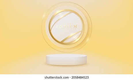 White show podium and golden circle elements with curved lines and sparkling glittering light effects, Luxury scene design for banner product.