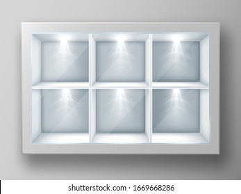 White showcase with square shelves in shop or gallery. Vector realistic mockup of empty glass display stand or bookshelf illuminated by spotlights for advertising or museum exhibition