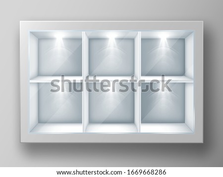 White showcase with square shelves in shop or gallery. Vector realistic mockup of empty glass display stand or bookshelf illuminated by spotlights for advertising or museum exhibition