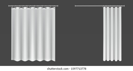 White Shower Curtains Isolated On Dark Background. Vector Realistic Mock Up Of Open And Closed Blank Drapped Bathroom Curtains Hanging On Metal Rings And Rod