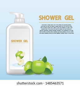 white shower gel bottle with apples advertising vector illustrations 