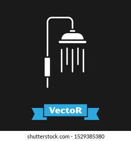 White Shower head with water drops flowing icon isolated on black background.  Vector Illustration