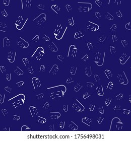 White Shower head with water drops flowing icon isolated seamless pattern on blue background.  Vector Illustration