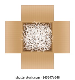 white shredded paper in cardboard box brown open for gift pack, shredded paper in the box brown top view for packaging, doodle shredded paper for recycle waste, scrap paper garbage isolated on white