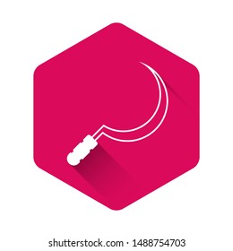 White Sickle icon isolated with long shadow. Reaping hook sign. Pink hexagon button. Vector Illustration