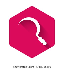 White Sickle icon isolated with long shadow. Reaping hook sign. Pink hexagon button. Vector Illustration