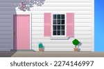 white siding  house facade with pink door and window shutters  vector illustration