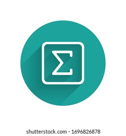 White Sigma symbol icon isolated with long shadow. Green circle button. Vector Illustration