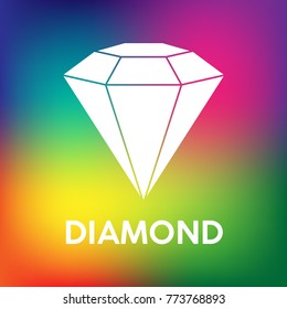 White sign of diamond with text on color background. Simple crystal icon in flat design. Precious stone logo. Vector illustration.
