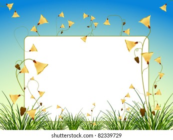 white sign with flowers and grass, abstract vector art illustration; image contains transparency