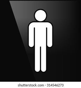White sign man stands. Simple information symbol on black glossy background in flat style. Graphic design elements save in vector illustration 10 eps