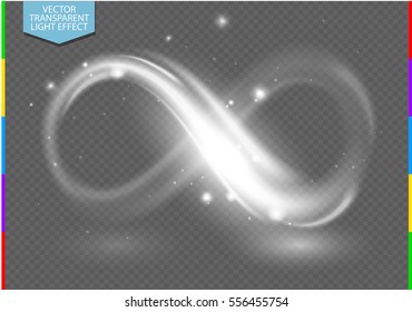 White sign neon light line infinity symbol glow isolated on transparent background with spark. Vector light special effect sparkling illustration