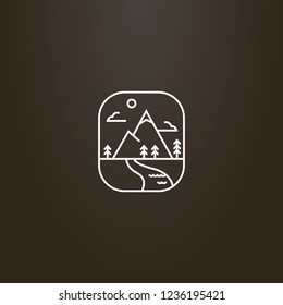 white sign on a black background. vector line art isolated sign of mountain landscape with clouds, spruce and sun