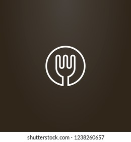white sign on a black background. vector line art round sign of kitchen fork 