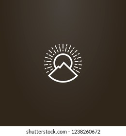 white sign on a black background. vector outline round line art sign of mountain landscape and sun rays