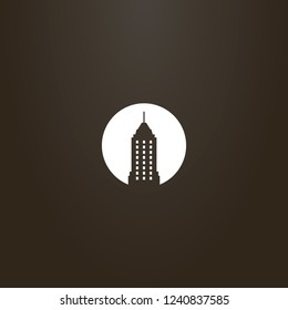 white sign on a black background. vector flat art negative space round sign of skyscraper with a spire