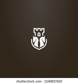 white sign on a black background. vector flat art sign of two chess knights and castle tower behind them