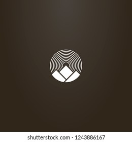white sign on a black background. vector geometric round sign of of three mountains and round rays of the sun