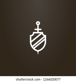 white sign on a black background. vector line art sign of medieval sword behind shield