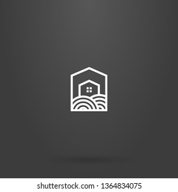 white sign on a black background. simple line art sign of a private house on a plot of land in a pentagonal frame