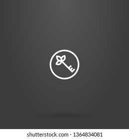 white sign on a black background. simple line art sign key with petals at the top in a round frame
