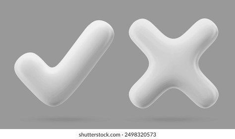 signo blanco Sí y No icono 3d. Cruz y la marca de verificación. Objeto aislado sobre un fondo gris