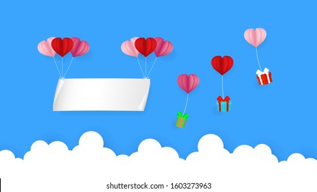 White signboard and gift boxes hang with colorful heart shape paper cut balloon in cloud and blue sky background for Valentine decorations, illustration vector.