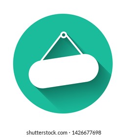 White Signboard hanging icon isolated with long shadow. Suitable for advertisements bar, cafe, pub, restaurant. Green circle button. Vector Illustration