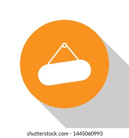 White Signboard hanging icon isolated on white background. Suitable for advertisements bar, cafe, pub, restaurant. Orange circle button. Vector Illustration