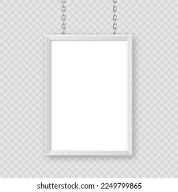 White signboard hanging on a metal chain. Restaurant menu board. Modern poster mockup. Blank photo or picture frame. Advertising or presentation board. Street banner. Vector illustration